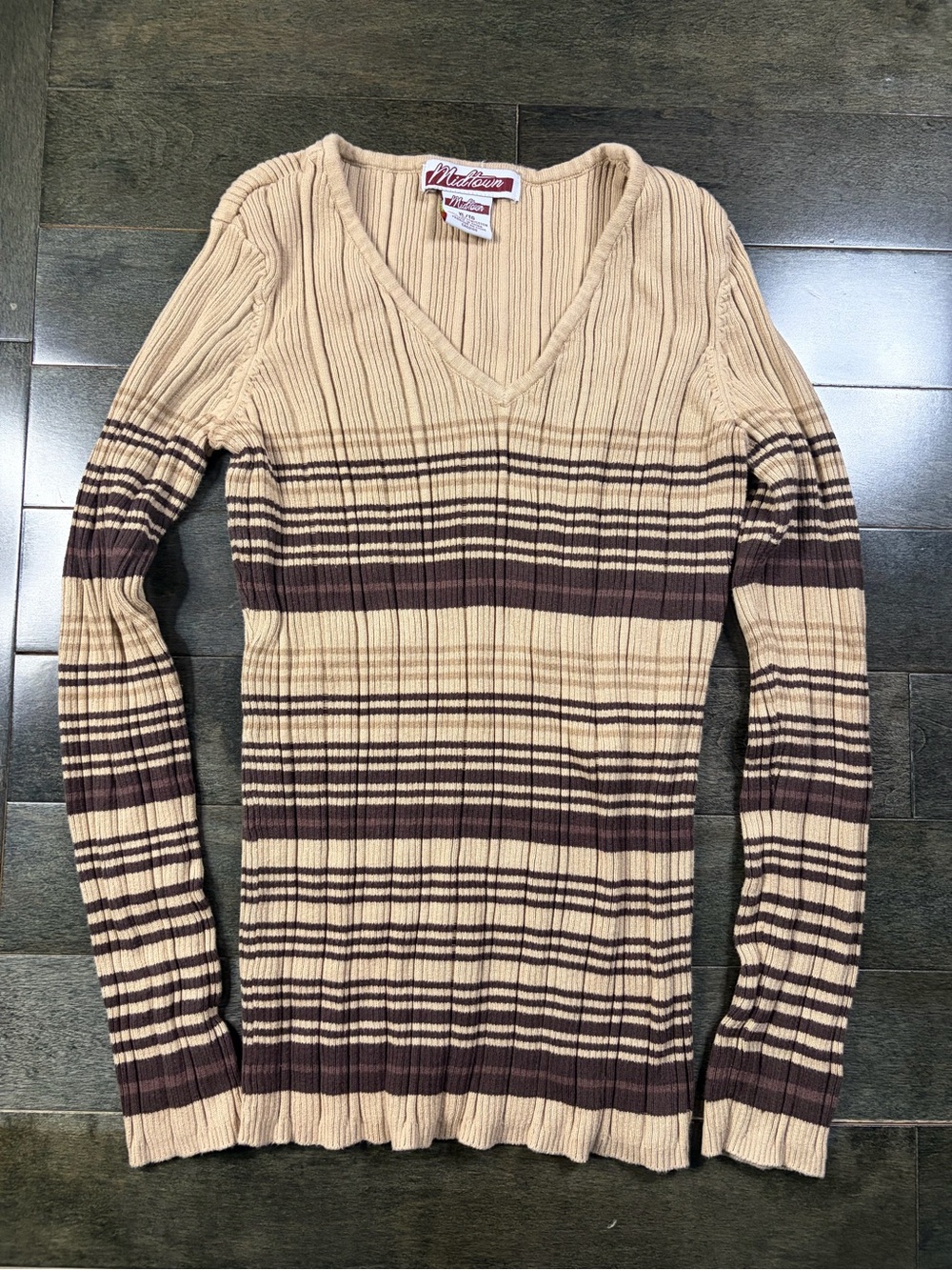 Midtown Vintage Y2K Striped Ribbed V-Neck Sweater Brown Beige XL